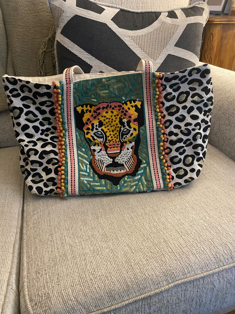 & Other Stories Multicolor Embellished Leopard Tote with Pom Trim